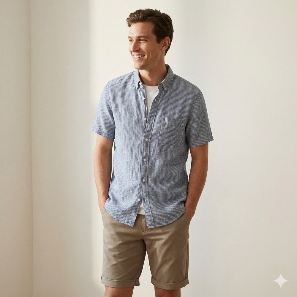 Everlane Linen Button Up Shirt Mens Medium Blue White‎ Stripe Lighteight Beachy
